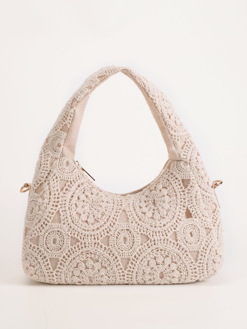 Bohemian Crochet Lace Shoulder Bag, Ivory Floral Hobo Bag, Embroidered Handbag